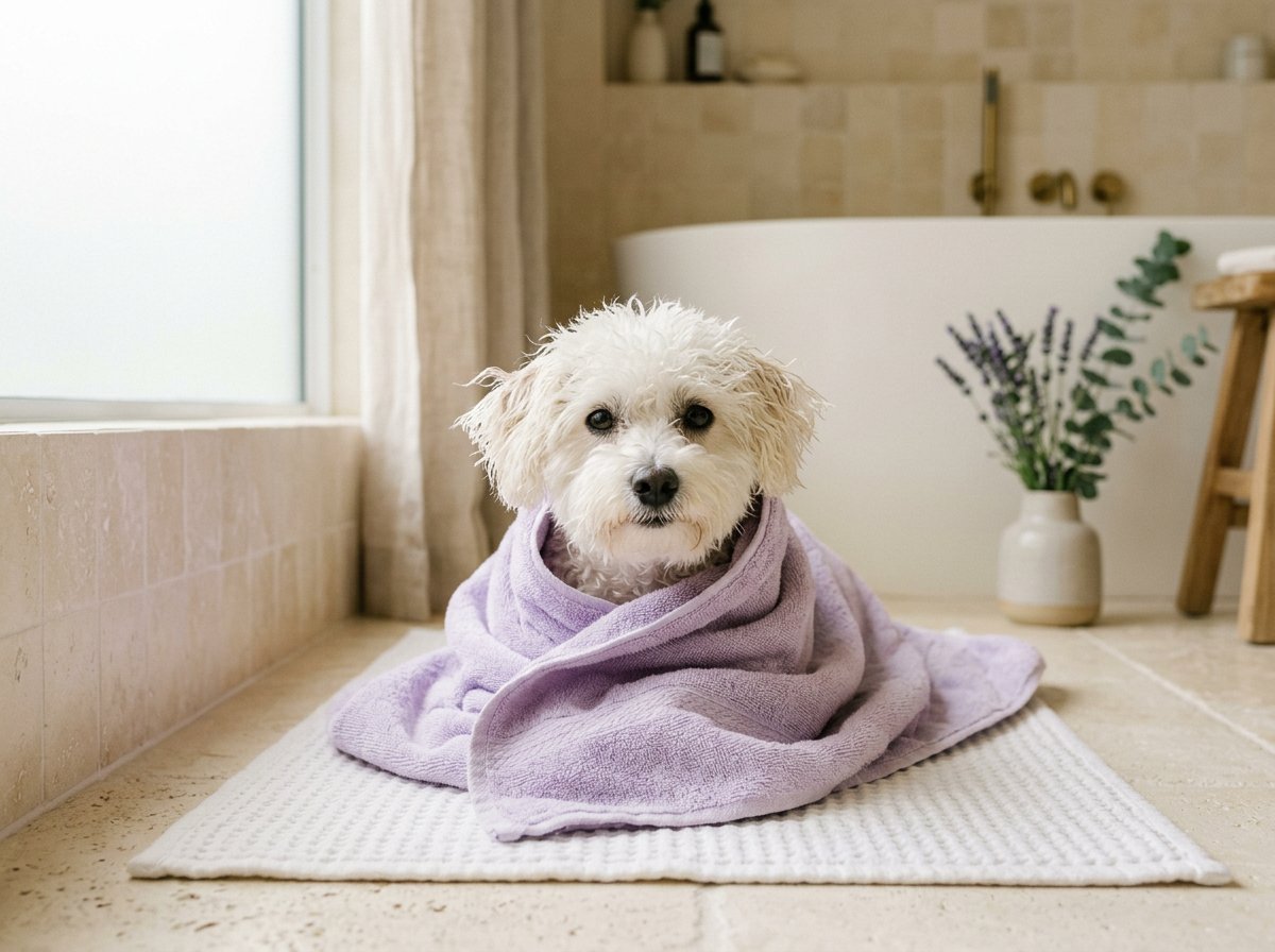A small dog wrapped in a lavender towel