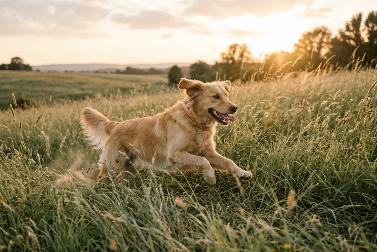 A golden dog running through a meadow