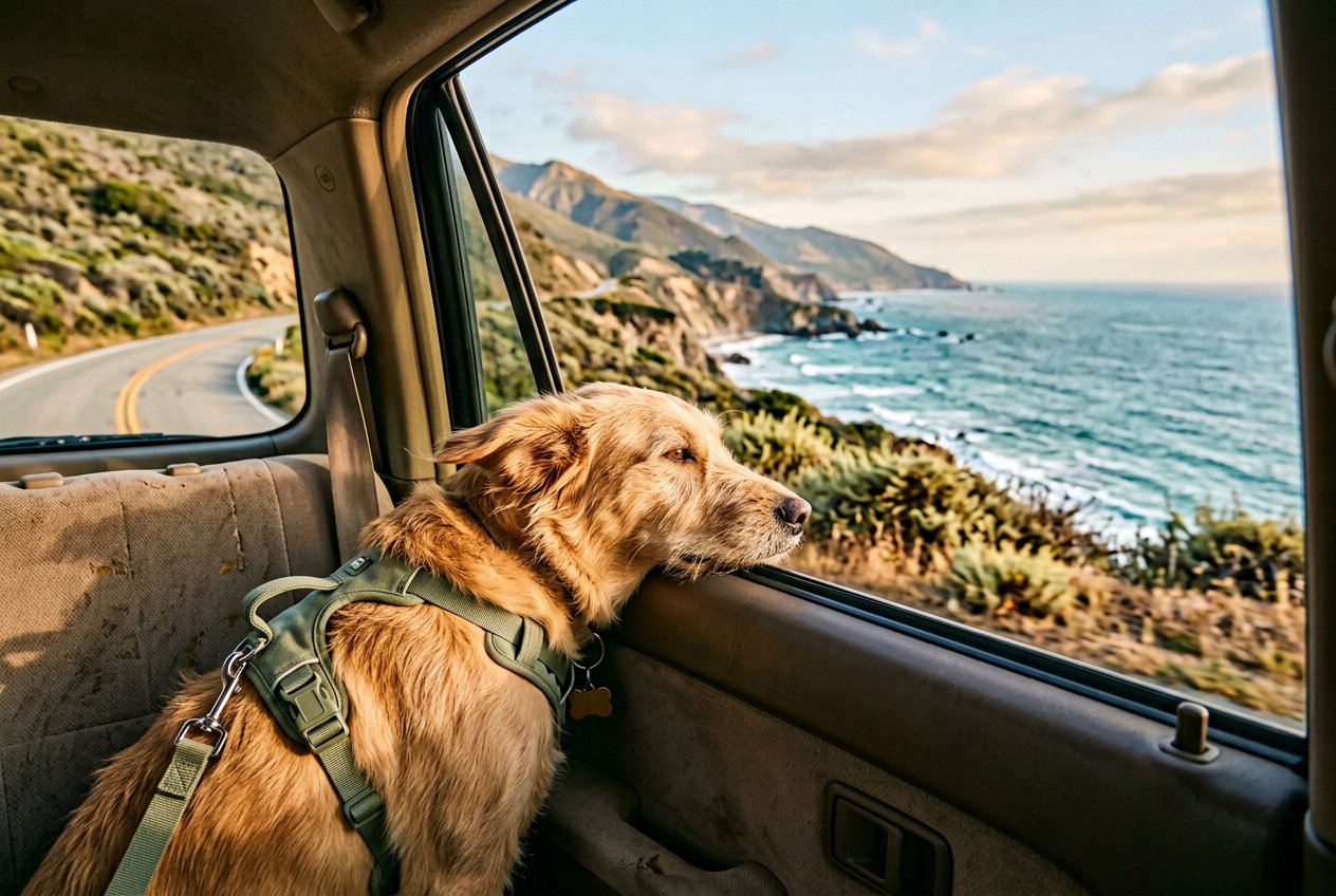 A calm dog enjoying a coastal car ride