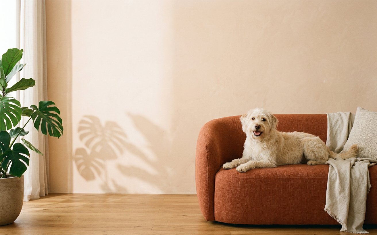 A relaxed white dog resting on a terracotta sofa