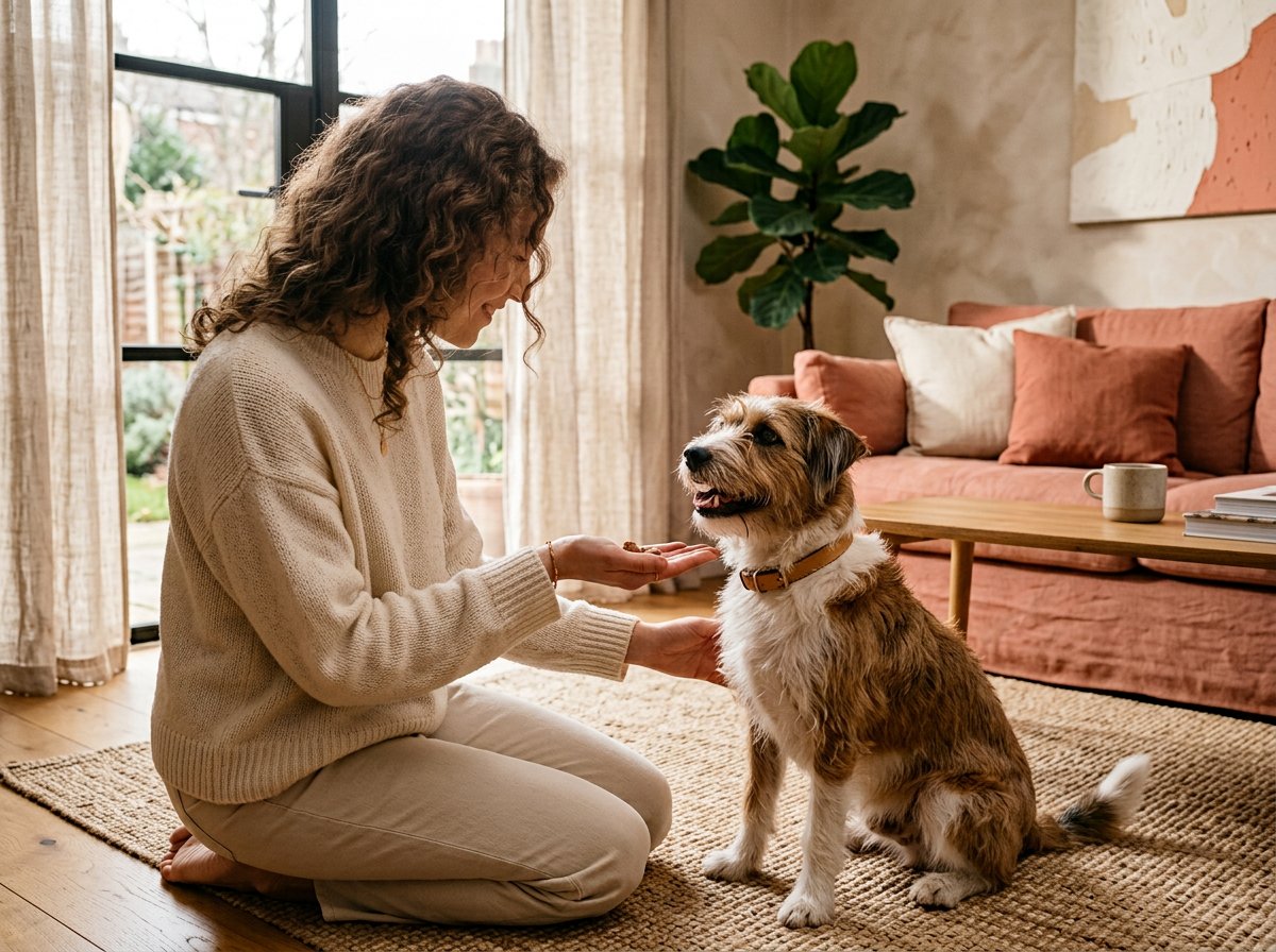 A dog owner offering a treat during a quiet morning ritual